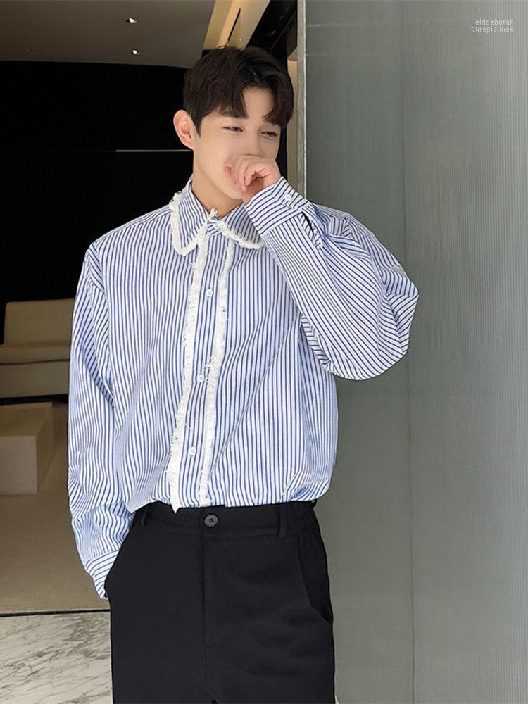 

Men's Casual Shirts ZCSMLL Stripe Men Shirt Contrast Color Summer 2022 Korean Fashion Single Breasted Turn-down Collar Long Sleeve T3117 Eld, Blue stripes