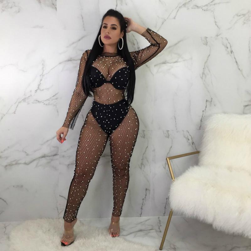 Women's Jumpsuits & Rompers Crystal Diamond Black Jumpsuit Women Hollow Out Transparent Loose Long Fishnet Bodysuit Sexy Pearls Patchwork