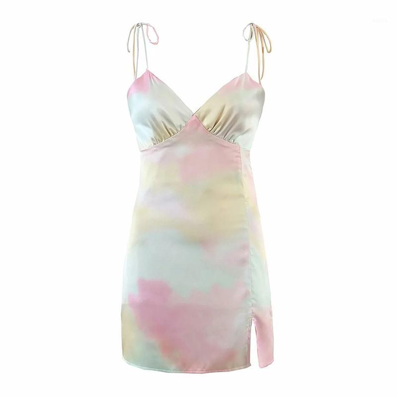 

Women Tie Dye Satin Deep V Neck Sexy Dress Straight Pajamas Party Elegant Female Summer Spaghetti Strap Casual Dresses, Multi