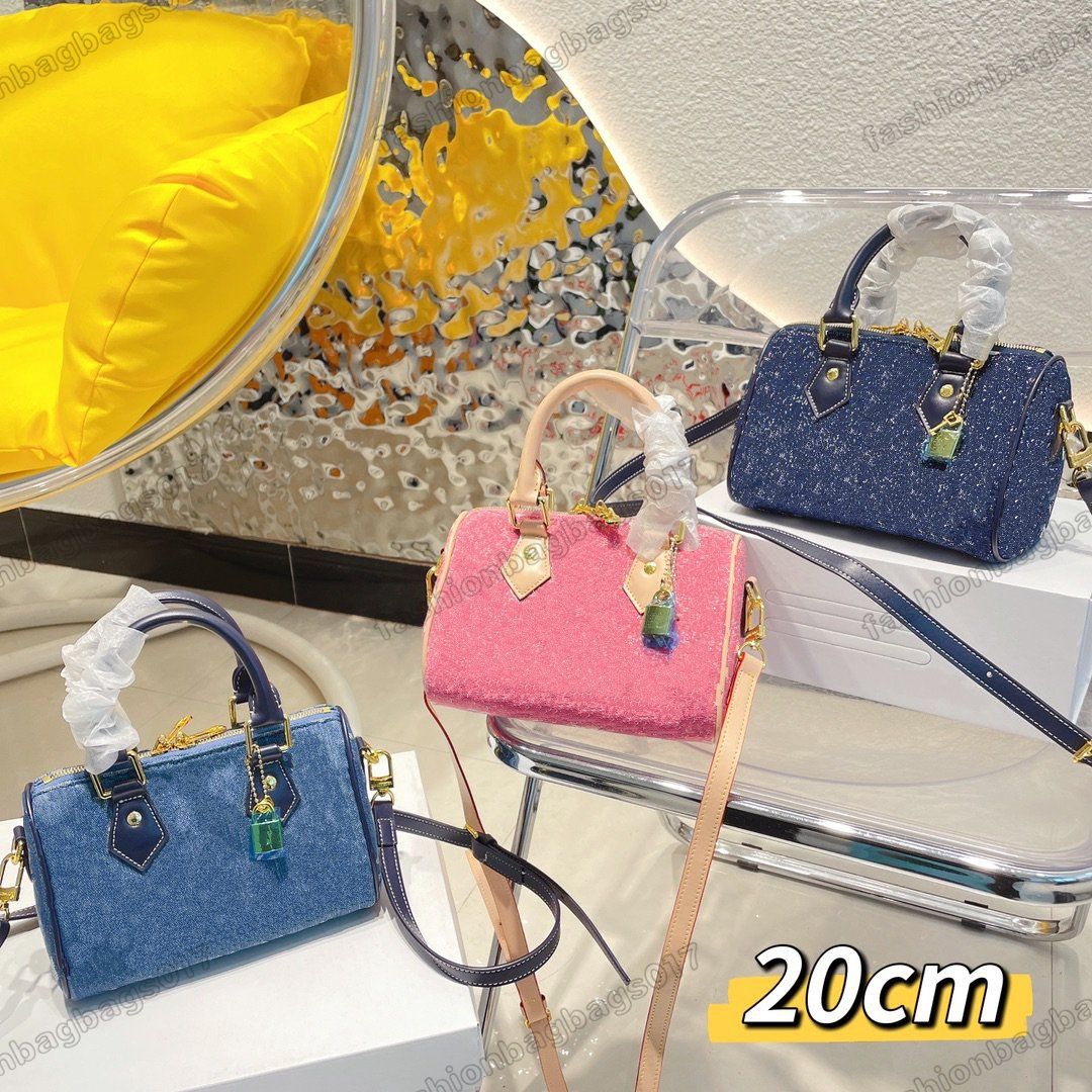 

Mini Speedy Bandoulière 20 Squire Bag Monograms Jacquard Denim Boston Bag with Padlock Designers Luxurys Handbag Navy Blue/Faded Blue/Pink