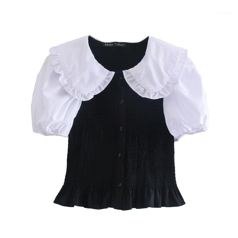 

Women's Blouses & Shirts JC·2022 Pleated Baby Collar Patchwork Puff Sleeve Poplin Shirt OP9674, Black