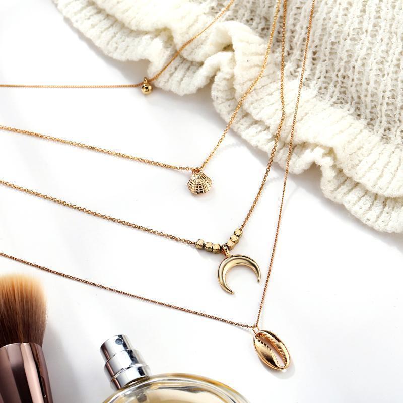

Multilayer Crystal Moon Necklace Shell Pendant Women Retro Charm Gold Bohemian Jewelry Wholesale Chains
