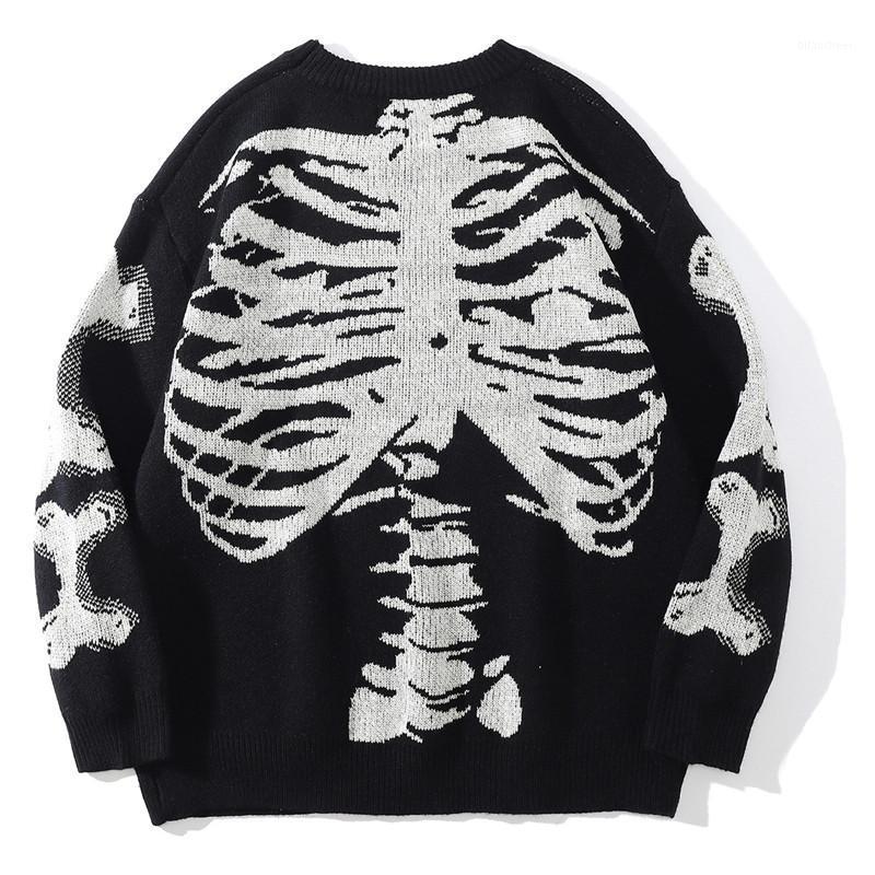 

Men's Sweaters 2022 Hip Hop Streetwear Men Sweater Skeleton Bone Print Vintage Knitted Pullover Harajuku Gothic Punk Autumn Loose, White