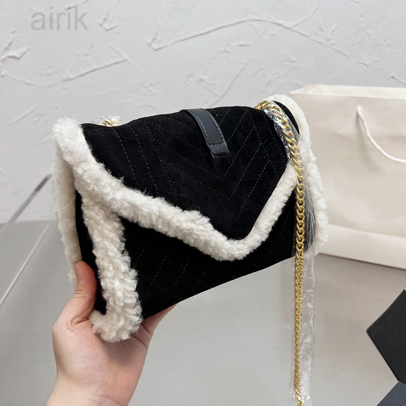 

Winter Trend Envelope Messenger Bags Suede Shearling Fur Calfskin Leather Women Ladies Cross Body Shoulder Clutch Sacoche Luxury, Black