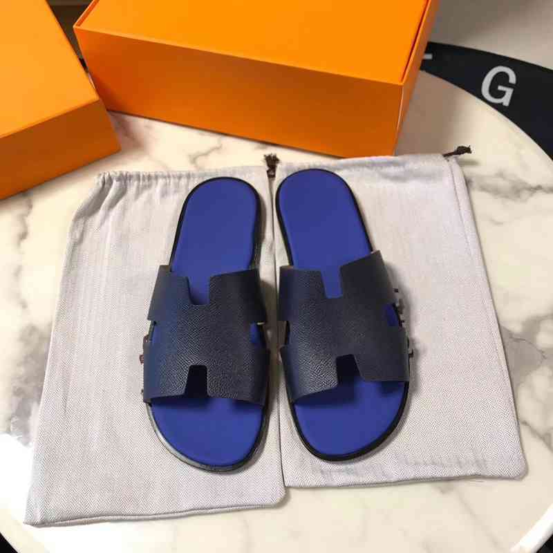 

HERME Designer Slippers Sandal Summer Shoes Outdoor Men's Flat Heel Trend Leater Flip Flops, Sky blue