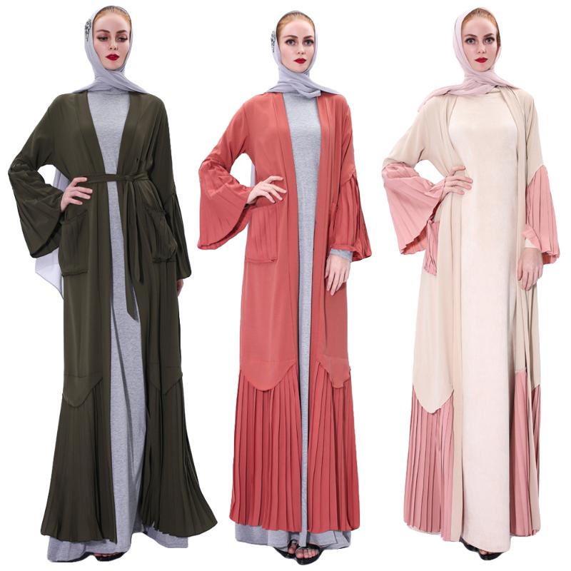 

Ethnic Clothing Muslim Women Abaya Islamic Long Dress Open Kimono Dubai Ramadan Patchwork Maxi Robe Pleated Flare Sleeve Elegant Party Eveni