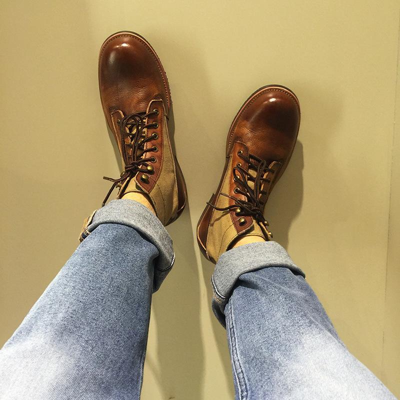 

Martin Boots Men Shoes PU Colorblock Ankle Round Toe Flat Square Heel Retro Distressed Leather Stitching Lace-up Motorcycle Boots HM274, Brown