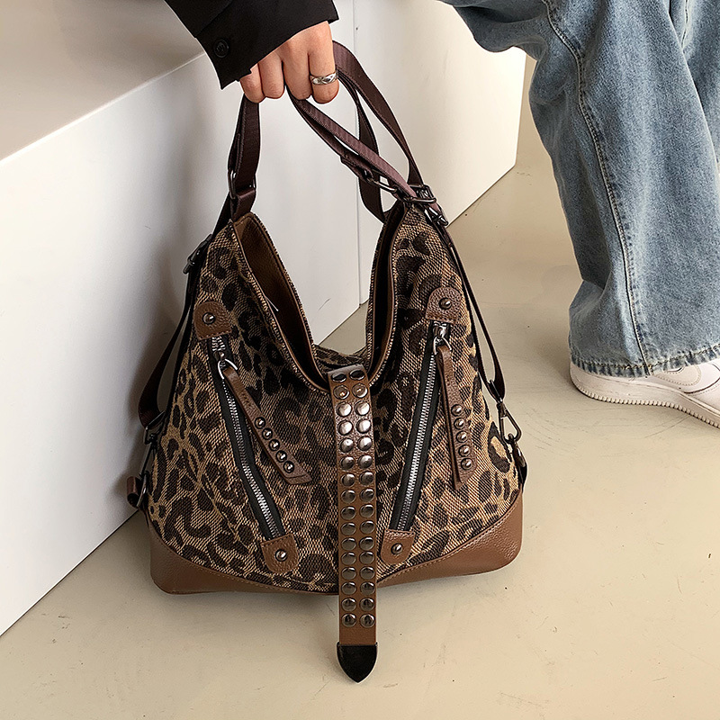 

ladies leathers shoulder bags street personality rivet punk backpack this year popular leopard print tote bag elegant atmosphere printed leather handbag, Brown3-8855