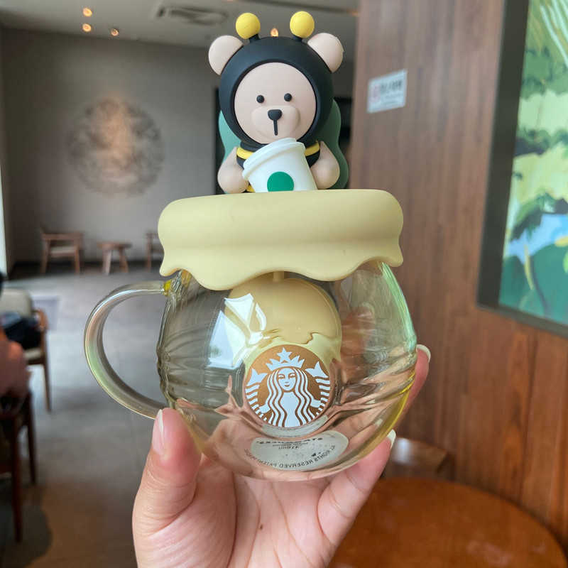 

Starbucks cup honey bee bear love tea glass lovely tea cup with cover separation cup Lover Gift, Yellow