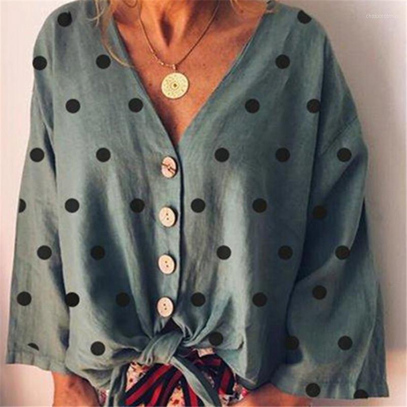 

Women's Blouses & Shirts Women Plus Size Button Down Shirt Top Autumn Long Sleeve Casual Loose Baggy Plain Basic Blouse Vintage Polka Dot Pr, As photo show