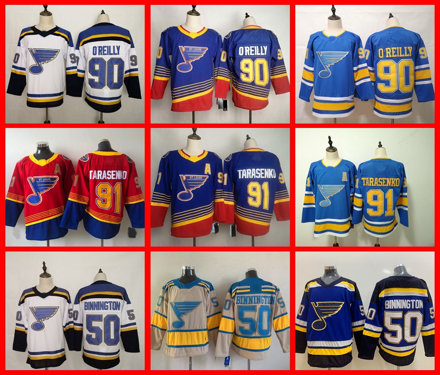 

Hockey Jerseys St. Louis''Blues 90 Ryan O'Reilly 91 Vladimir Tarasenko 50 Binnington stitched Embroidery men women youth 0610, Ad logo