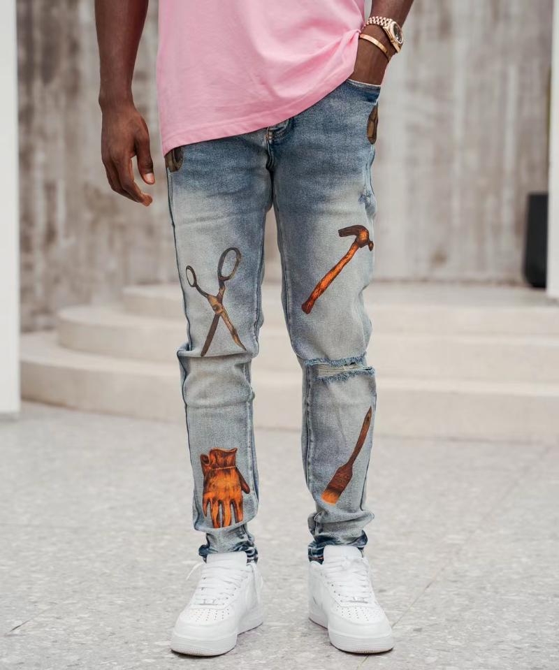

Men's Jeans Style High Street Fashion Fun Hammer Scissors Letter Printed Personality Black For Men Slim Denim Pants TrousersMen's, Blue