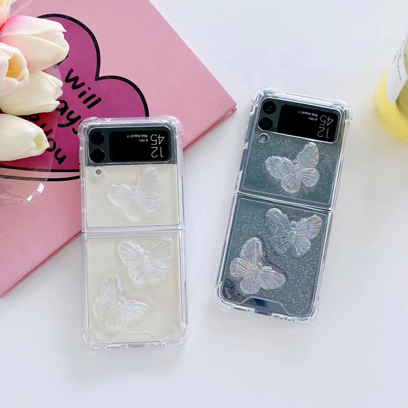 

Crystal Butterfly Shockrpoof Phone Cover For Samsung Galaxy Z Flip 3 5G Cute Butterflies Aurora Card Clear Hard Case, Transparent