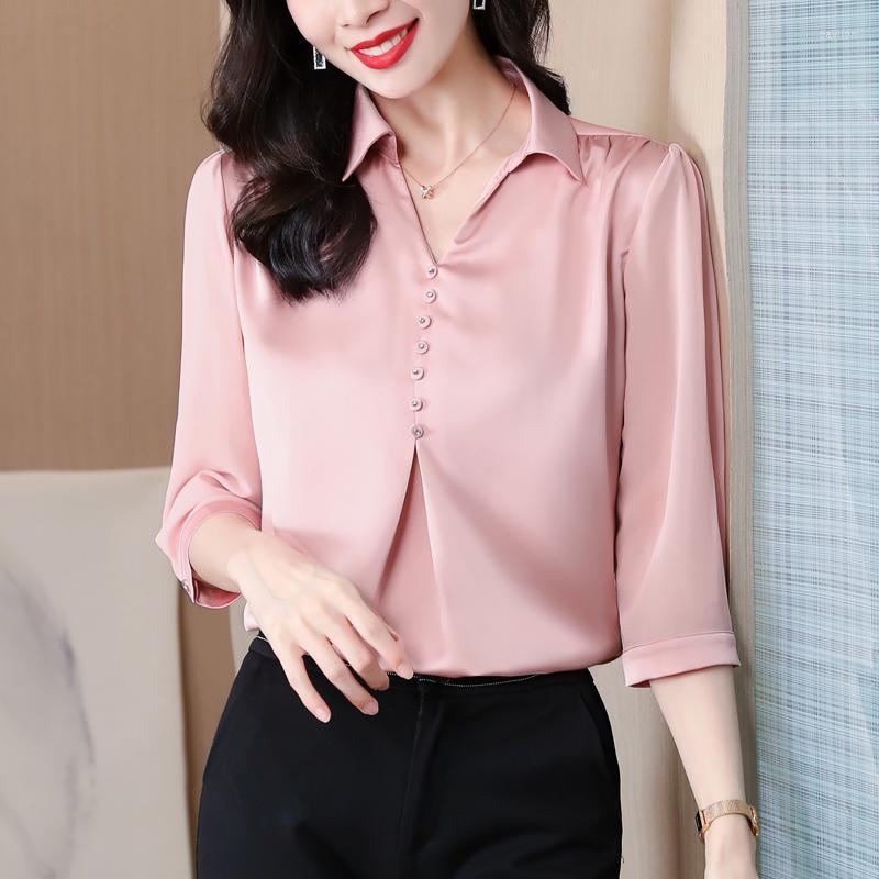 

Women's Blouses & Shirts Acetate SATIN Women Clothing 2022 Office Lady V-Neck Korean Fashion Pink Color Three Quarter Sleeve For WorkWomen's, Apricot