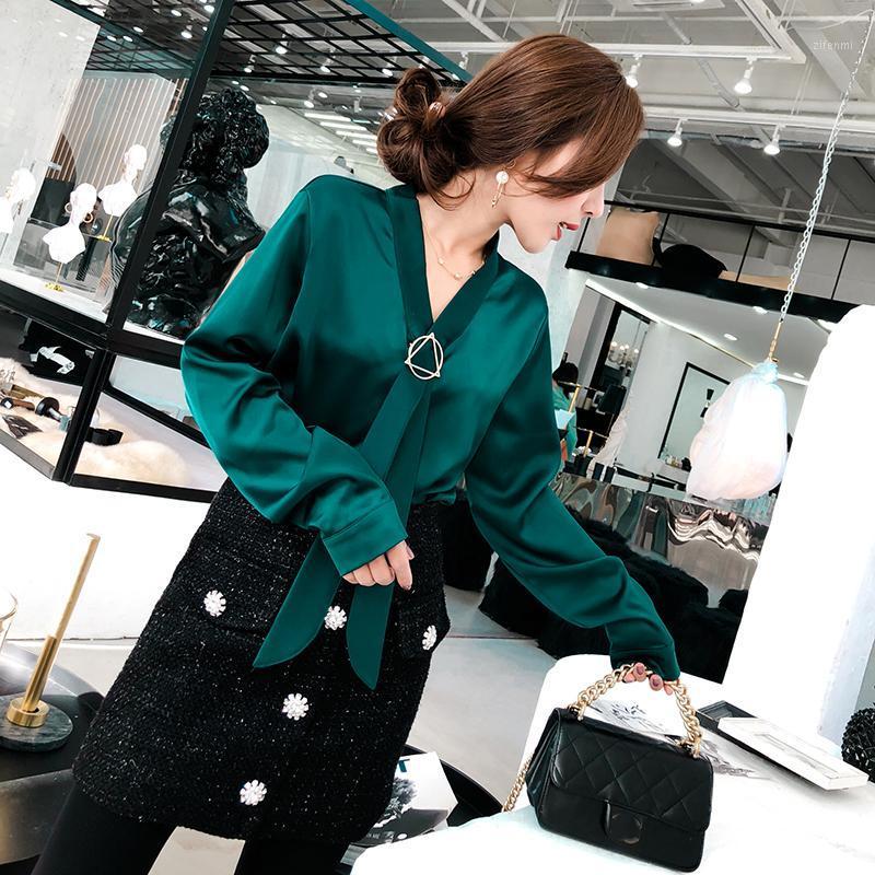 

Women' Blouses & Shirts Spring Summer Women Tops Long Sleeve Casual Chiffon Blouse Female V-Neck Work Wear Solid Color Loose Office For, Dark green