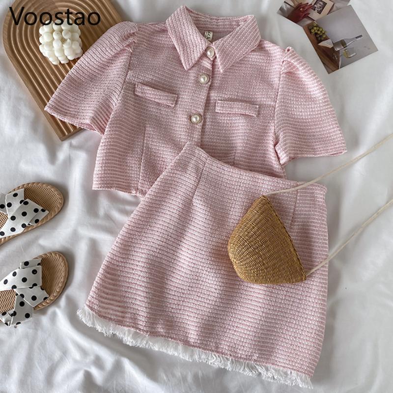 

Work Dresses Summer Sweet Lolita Style Princess Skirt Sets Women Elegant Pink Short Sleeve Crop Tops High Waist Tassels Mini Skirts Girl Sui