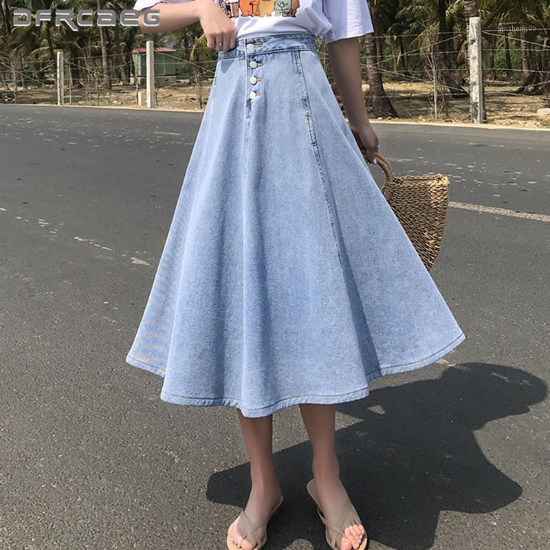 

High Waist Single-Breasted Women Long Skirts Denim 2022 Summer Streetwear Boyfriend Retro A-Line Jeans Skirt Female Light Blue