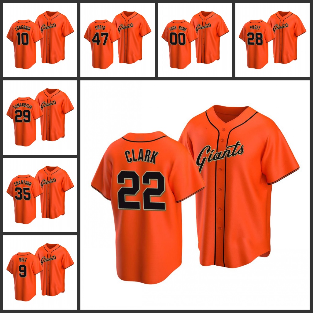 

Men San Francisco''Giants #22 Will Clark 28 Buster Posey 10 Evan Longoria Women Youth Custom''Replica''Alternate Jersey Orange