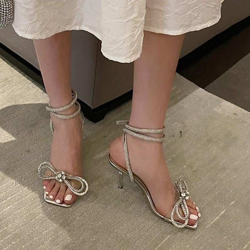 

Sandals Summer Luxury Women Rhinestones Silver Wedding Shoes Sexy Stiletto Sandalias Bow Knot High Heels Party Bridal 2022