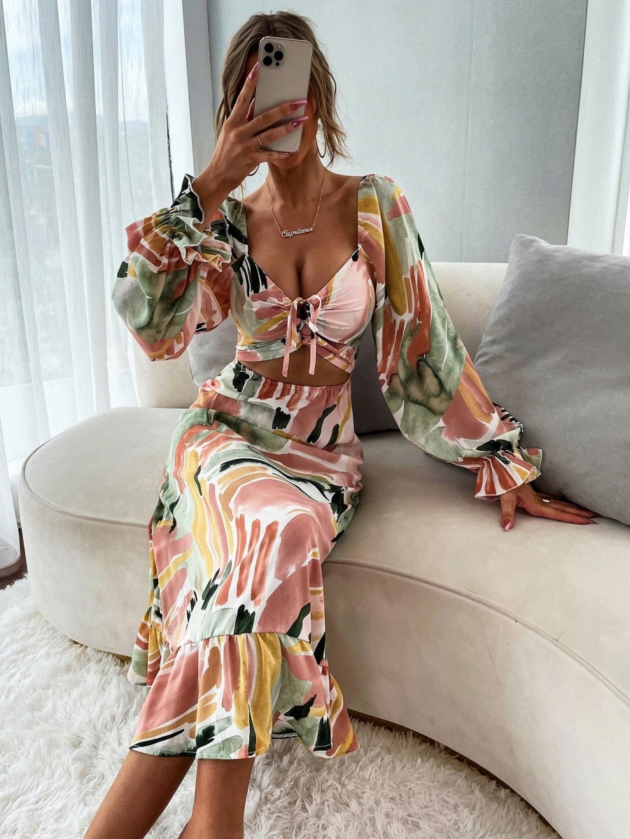 

graphic Cut Out Knot A-line Dress W15q#, Multicolor