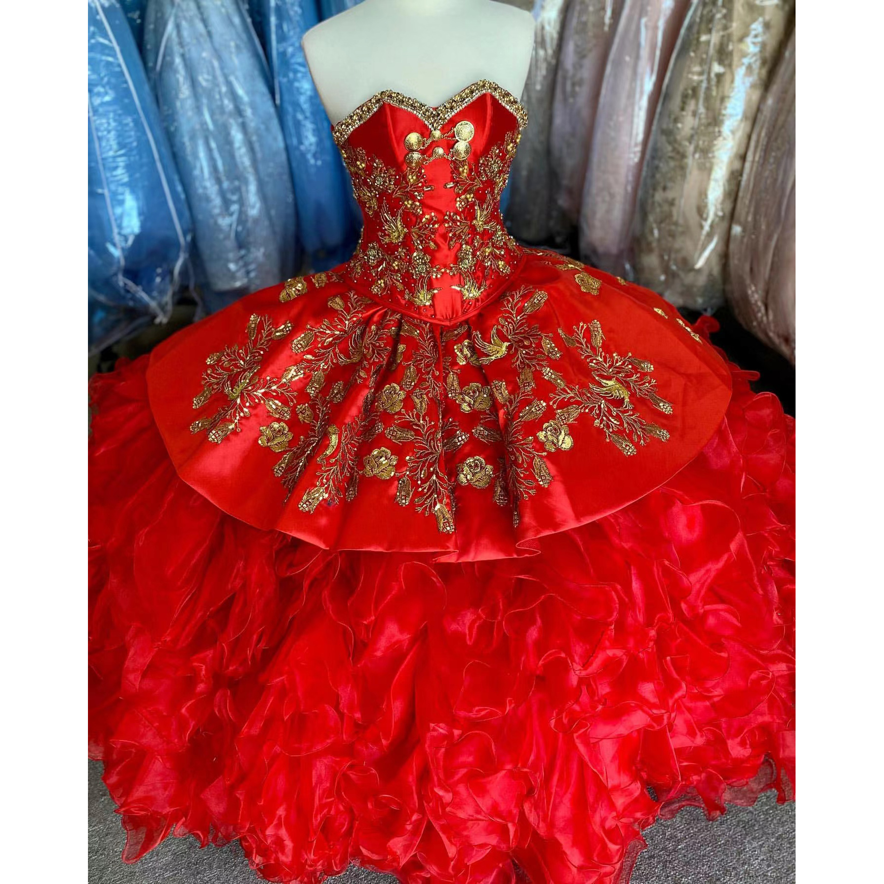 

Red Mexican Quinceanera Dresses Sweet 16 Girl Gold Embroidery Sweetheart Ball Gown Birthday Prom Dress Vestidos De 15 Años, Sage