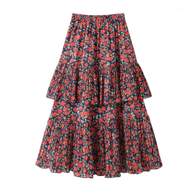 

Spring Autumn Daisy A-line Cakee Long Cotton Skirts Vintage Bright Floral Printed Tiered Pleated Maxi Red Yellow