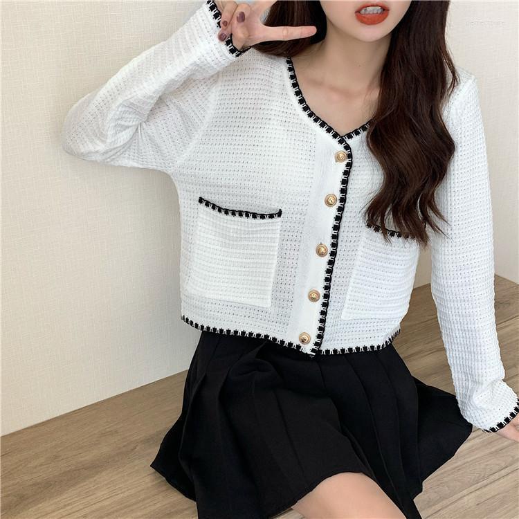 

Women's Knits & Tees Women Knitted Full Sleeve Single-Breasted Buttons Sweaters Cardigans Lady Knit Pockets Chic Crop Tee Tops For Female Pe, Black