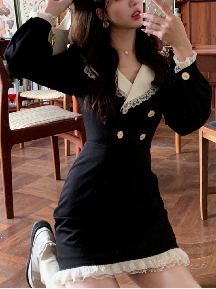 

Casual Dresses Kawaii Elegant Party Evening Mini Dress Lace Black Sweet Cute France Vintage Long Sleeve Korean Fashion Autumn 2022, Black;gray
