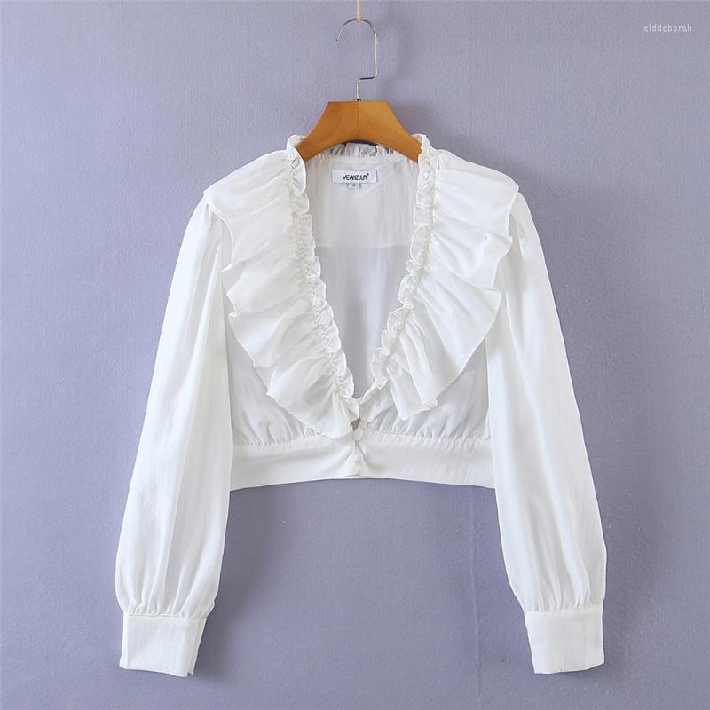 

Women' Blouses & Shirts Long Sleeve V Neck For Women Fashion 2022 Summer Elegant Korean Style White Ruffle TopWomen' Eldd22