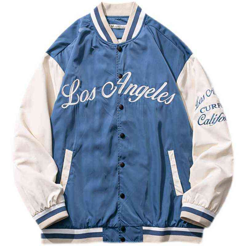 

Letter Embroidery Patchwork Bomber Jacket Men College Style Baseball Jacket Men's Bomber Varsity Unisex Couple Chic 2021 Spring T220728, Blue