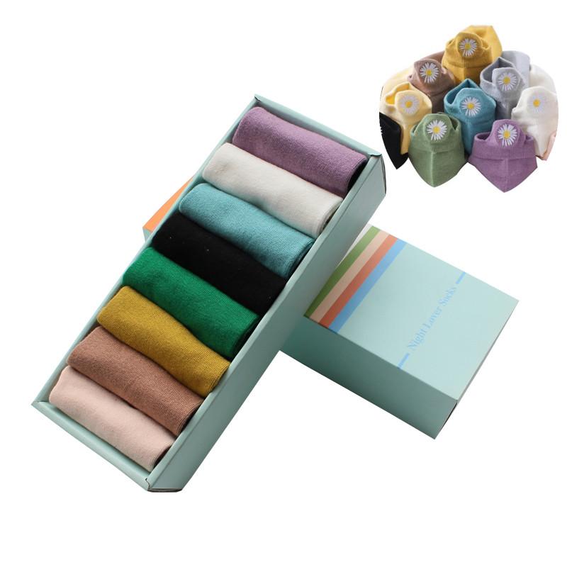 

Socks & Hosiery Fashion Women Lovely Ankle Gift Box 8 Pairs/Box Solid Color Flowers Cotton Sock Ladies Embroidered Short Female, Multi