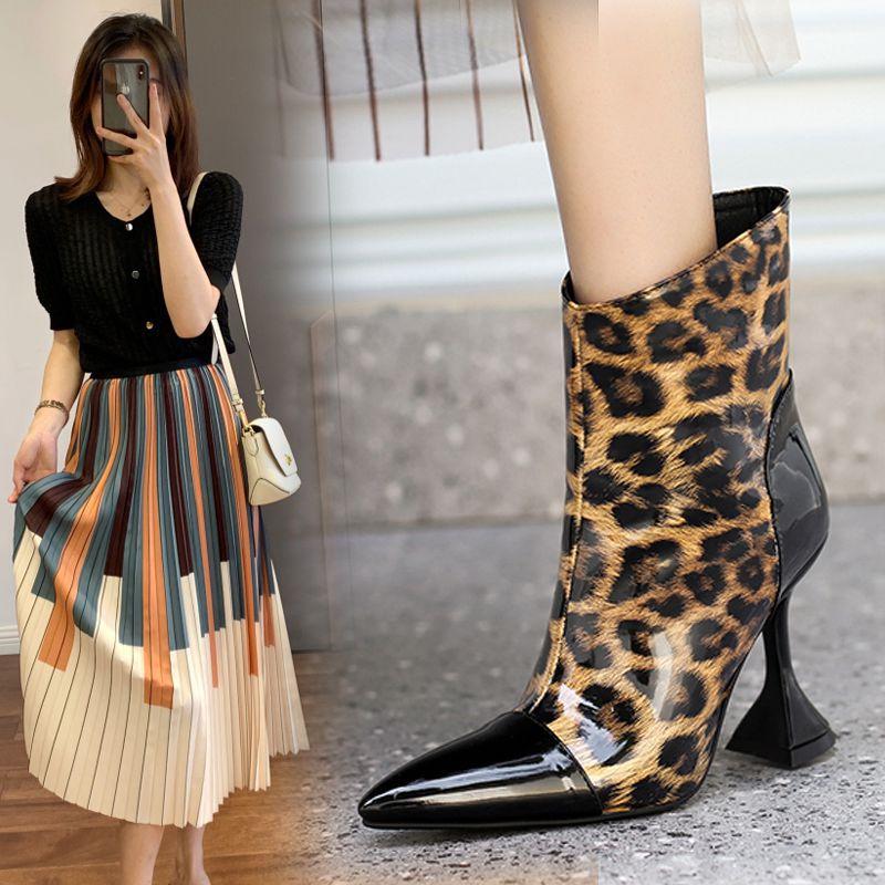 

Boots Women Ankle Sexy 10cm Wine Glass Heels Leopard Lady Shoes Gradient Patent Leather Pointed Toe Zipper, As picture