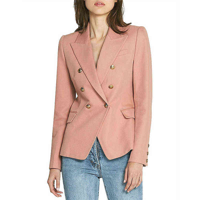 

High Quality New Design Brown Kaki Blazer Jacket Gold Double Breasted Button Thick Fabric Office Ladies Women Blazer Feminino J220813, Khaki.