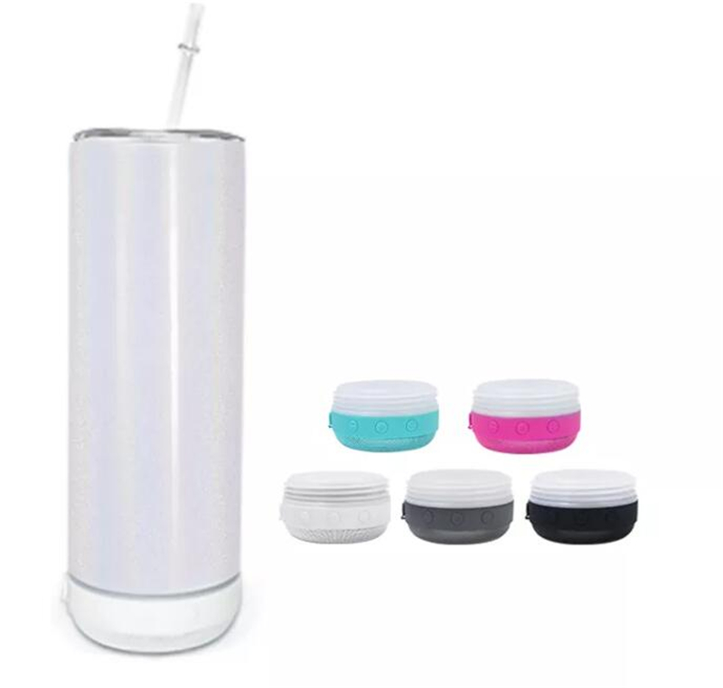 

US warehouse 20oz Sublimation Glitter Bluetooth Speaker Tumbler Blank Design Cup White Portable Wireless Speakers Travel Mug Smart Music Cups Wholesale Straw, Glitter white