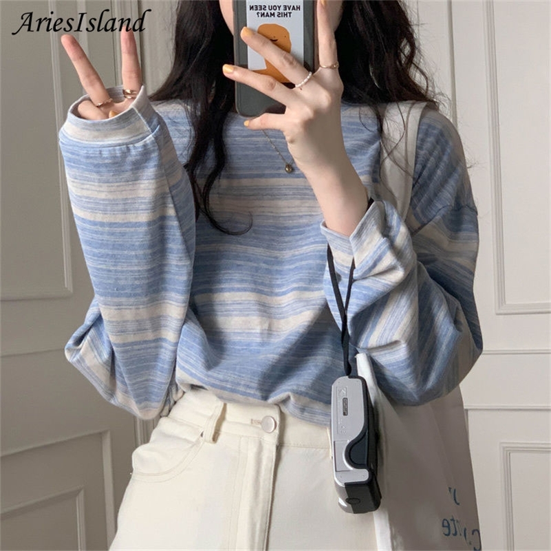 

Striped Long sleeve Womens T-shirt O-Neck Korean Fashion Oversized t shirt Loose Casual Harajuku Autumn y2k Tops Tees 220321, Pink