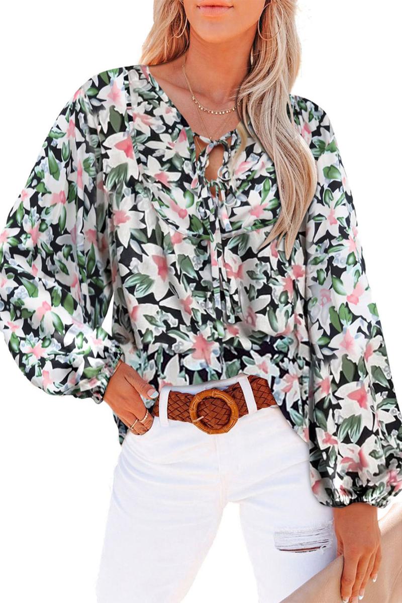 

Women' Blouses & Shirts Green Floral Print Lace Up Blouse For WomenWomen