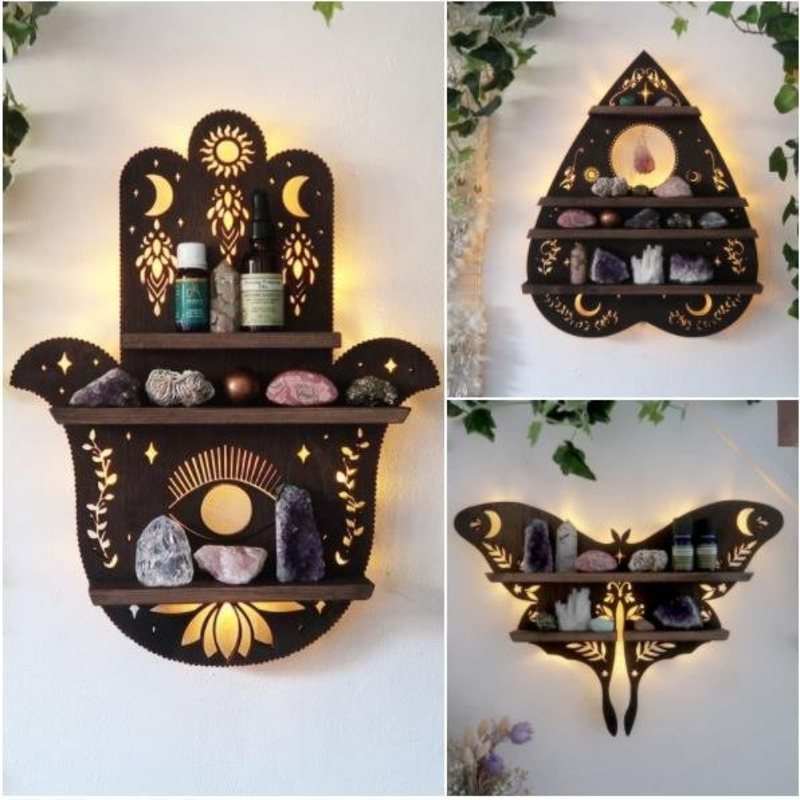 

Butterfly Hamsa Hand Luna Moth Wood Wall Shelf Crystal Holder Essential Oil Storage Rack Home Decor Organizer Shelves 220318