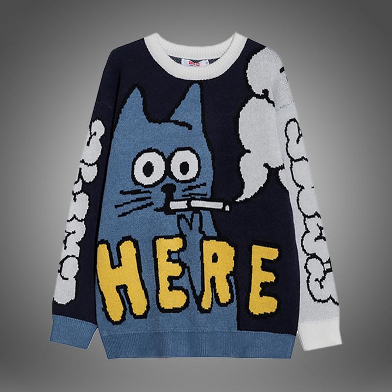 

Men's Sweaters Autumn Mens Cartoon Pattern Cat Knitted O-Neck Pullover Sweater Men Soft Slim Casual Pull Up Male Cute Pullovers UnisexMen's, Yrjd2718 white