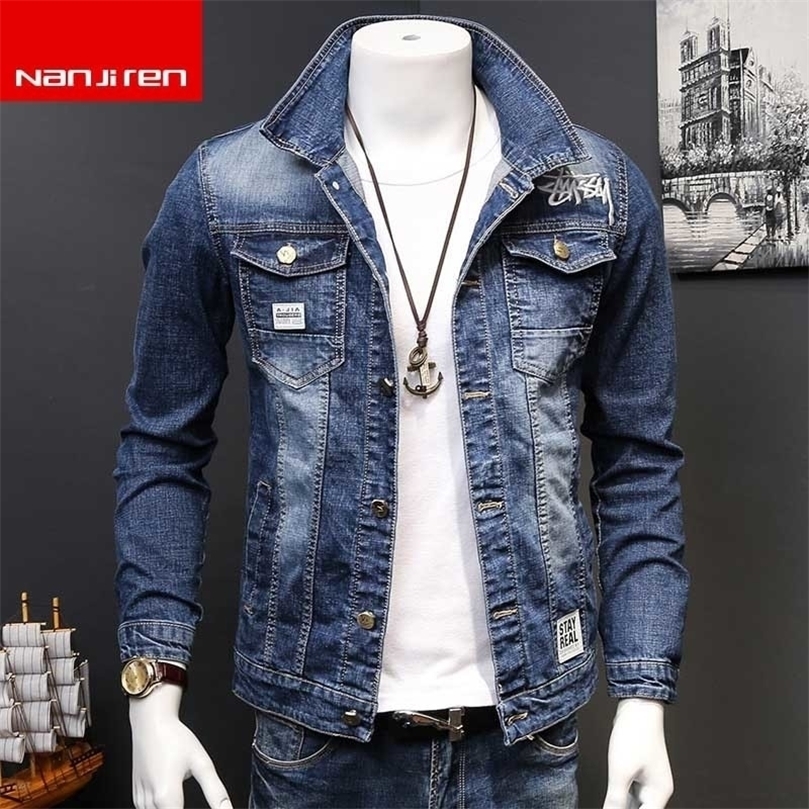 

Wholesale Casual street Men's Denim Jacket Spring and Autumn Men's Student Slim Handsome washing 3D embroidered Jacket 201127, Blue