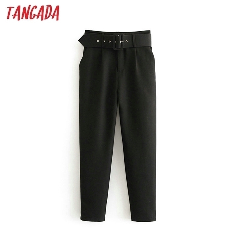 

Tangada black suit pants woman high waist sashes pockets office ladies fashion middle aged pink yellow 6A22 220419