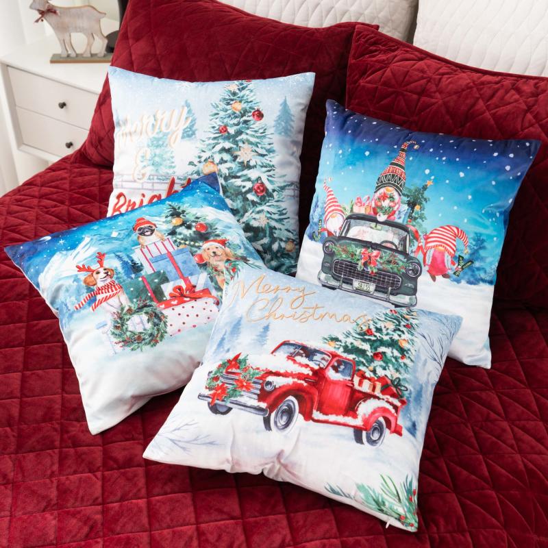 

Cushion/Decorative Pillow 4PCS Waterproof Christmas Cushion Covers Home Decorative Plus Velvet Cushions Throw Pillowcase Snow Glove Dog Doub, Truck