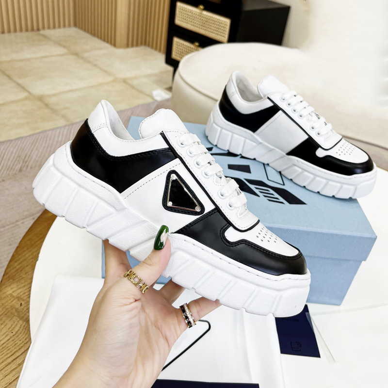 

Black White Leather Sneakers Men Women Sporty Shoes Foam Tread Soles Platform Trainer