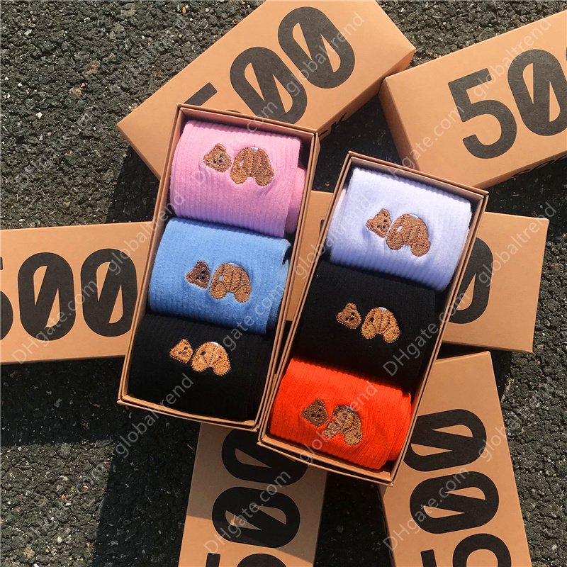 

Socks Man Decapitated Bear Fashion Crew Sports Fuzzy Embroidery Trend Hip Hop Cotton 3 Pairs/box for Men Long Socks, Orange pink blue