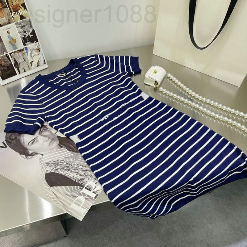 

Casual Dresses designer Miu family Navy style small fresh blue striped knitted skirt women' aging spring and summer new round neck short sleeved dress VG35, 2# packing bag