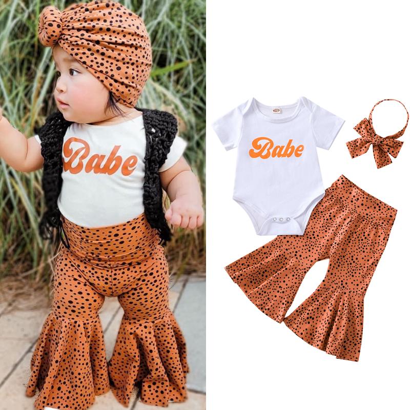 

Clothing Sets 0-24M Summer Lovely Baby Girls Clothes Letter Short Sleeve Romper Leopard Flare Pants HeadbandClothing, As pic