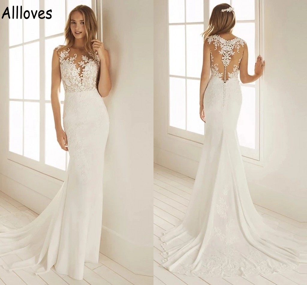 

Modest Satin Mermaid Wedding Gowns For Brides Sheer Neck Lace Appliqued Beach Boho Bridal Dress Sweep Train Illusion Buttons Back Robes de Mariee Fashion CL0874, Red & white