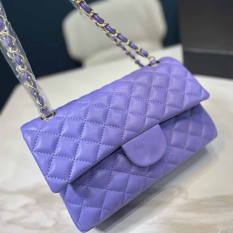 

25.5*17CM Ladies Luxury Purple Totes Bags Cowhide Flap Crossbody Designer Bags Fashion Silver/Gold-Tone Metal Chains Diamond Quilting Shoulder Bag Handbag Womens ZH, Purple gold-tone chain