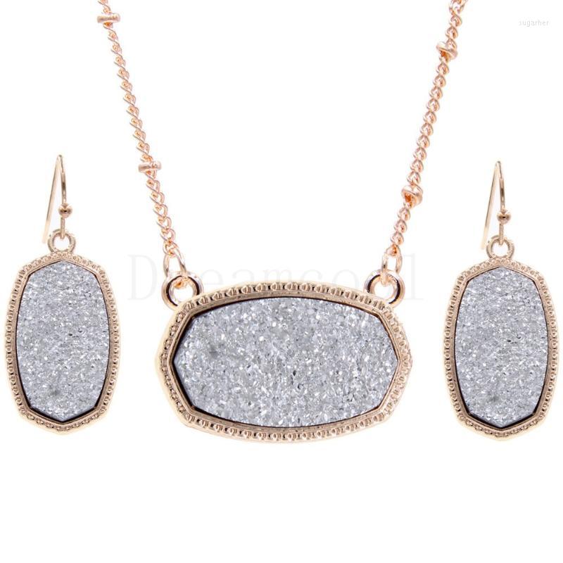 

Earrings & Necklace Oval Resin Druzy Drusy Pendant Jewelry Set Hexagon Druse Charms Rose Gold Drop Fashion Gift WeddingEarrings, As pic