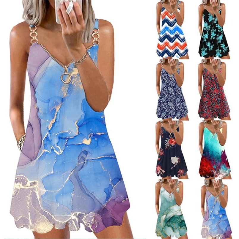 

Fashion Print Zipper Party Vest Dress Women Sexy Summer Casual Backless V Neck Elegant Oversize Loose Sleeveless Sling 220526, Black