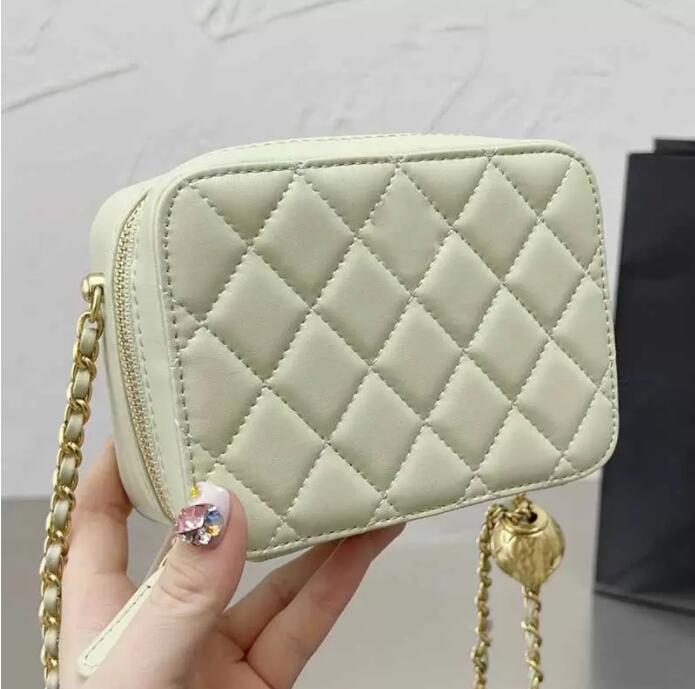 

TZ Womens Luxury Ladies Zip Mini Cosmetic Box Bags Solid Color Genuine Leather Shoulder Bag Classic Handbags Gold-Tone Metal Chains Ball Designer Crossbody Bags 12CM, Shipping